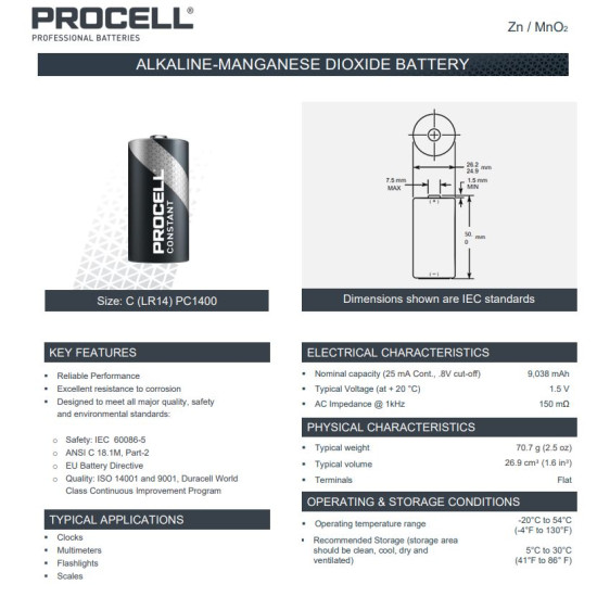 Duracell Procell Constant PC1400 (C) baby ipari elem dobozos/10 1,5V