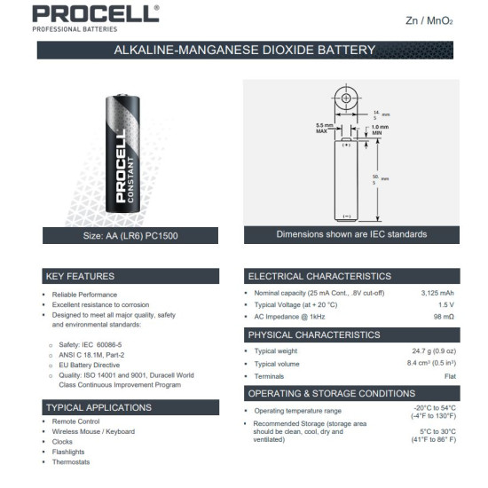 Duracell Procell Constant PC1500 (AA) ceruza ipari elem dobozos/10 1,5V