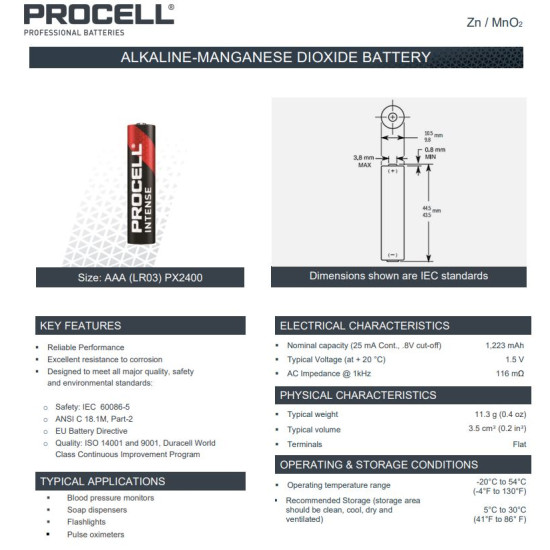 Duracell Procell Intense Power PX2400 (AAA) mikro ipari elem fóliás/4 1,5V