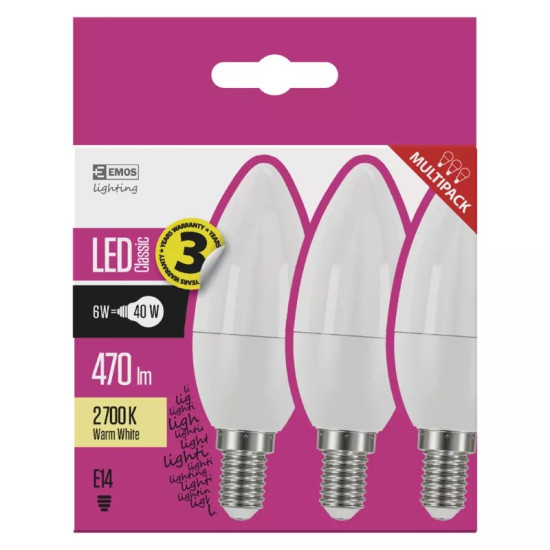 EMOS Classic LED izzó gyertya E14 6W 470lm meleg fehér 3db ZQ3220.3