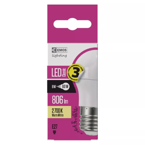 EMOS Classic LED izzó kisgömb E27 8W 806lm meleg fehér ZQ1130