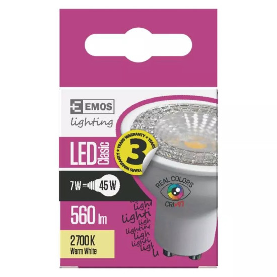 EMOS Classic LED izzó MR16 GU10 7W 560lm Ra96 meleg fehér ZQ8353