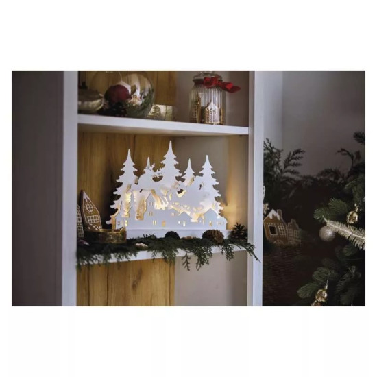 EMOS fa karácsonyi falu, 31 cm, 2x AA, beltéri, meleg fehér, időzítő DCWW30