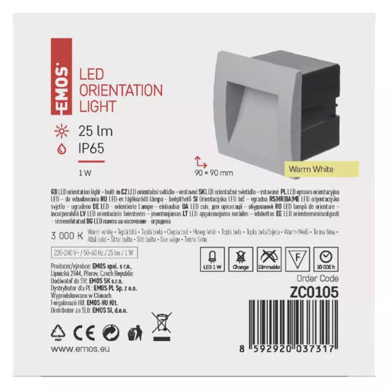 EMOS LED irányfény beépíthető, négyzet 1W IP65 meleg fehér ZC0105