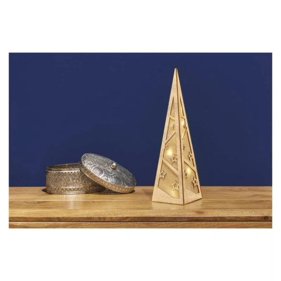 EMOS LED piramis, fa, 36 cm, 2x AA, beltéri, meleg fehér, időzítő ZY2335