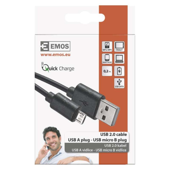 EMOS USB KÁBEL 2.0 A dugó - micro B dugó 0,2m, Quick Charge SM7007BL