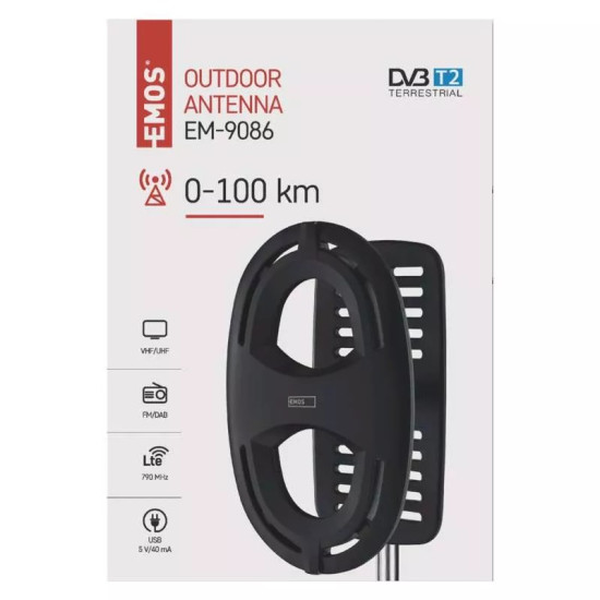 Kültéri antenna EM-9086, 0–100 km, DVB-T2, DAB, FM, LTE/4G szűrő J0681