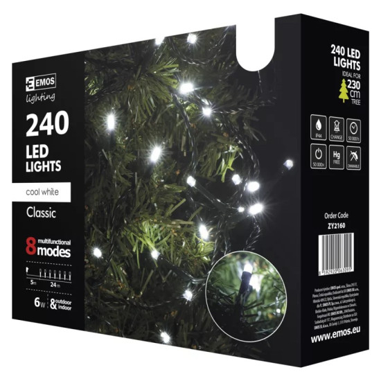 LED karácsonyi fényfüzér,24m,kültéri és beltéri,hideg fehér,programokkal ZY2160