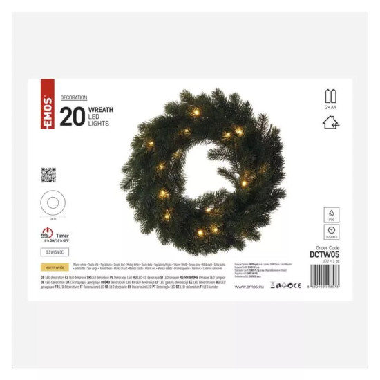 LED karácsonyi koszorú, 40 cm, 2x AA, beltéri, meleg fehér, időzítő DCTW05